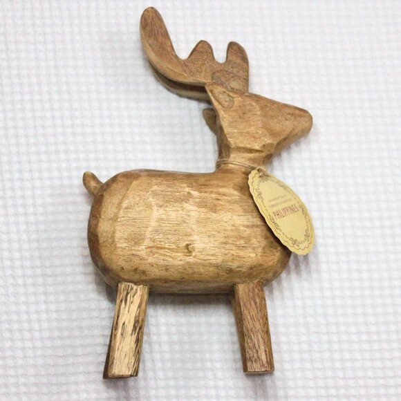New Artisan Handmade Wood Reindeer Sculpture Decor - Picture 4 of 9
